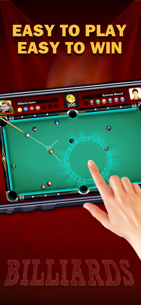 A hand playing an 8 ball pool game on a smartphone with the text Easy to Play Easy to Win