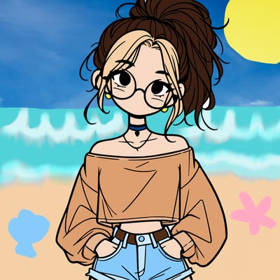 girl with a messy ponytail glasses a baggy crop top and jean shorts