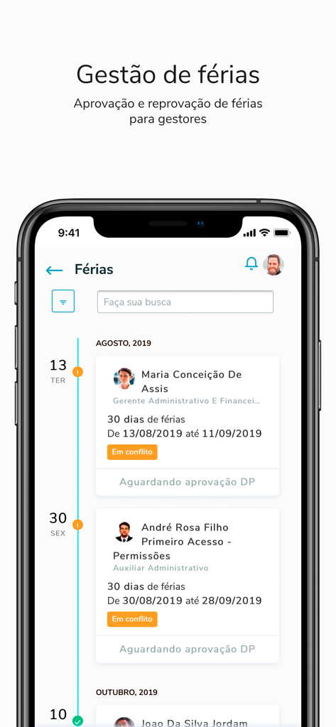 TOTVS My HR - Schermata di gestione delle ferie dell'app TOTVS My HR che mostra una sequenza temporale delle richieste dei dipendenti per l'approvazione del manager