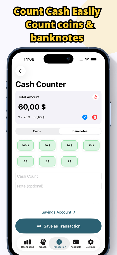 Cash Book: Cash Counter - Interfaz de aplicación móvil para contar billetes con importe total y selección de moneda.