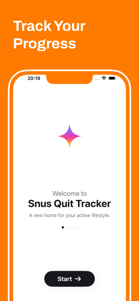 Snus Quit Tracker - Welcome screen of the Snus Quit Tracker app with a start button and progress tracking text.