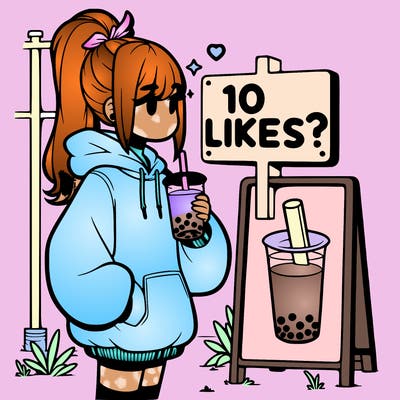 girl with oversized hoodie drinking boba and she has a high ponytail with a sign that says 10likes?