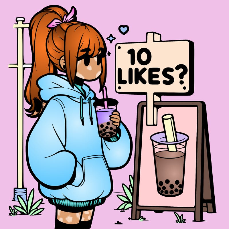 girl with oversized hoodie drinking boba and she has a high ponytail with a sign that says 10likes?