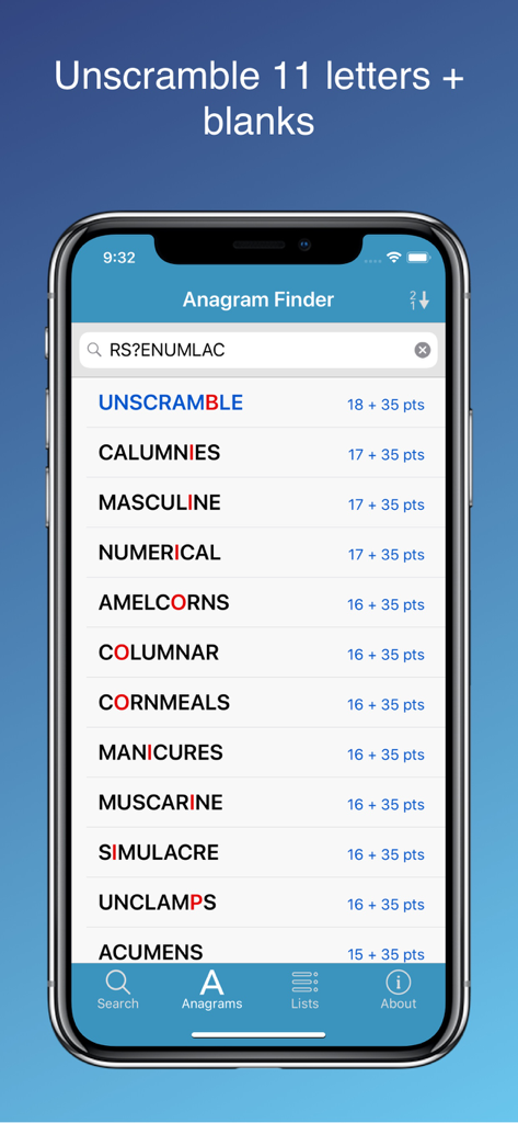 Word Lookup Pro - Word Lookup Pro app screen showing the anagram finder unscrambling letters into words with point values