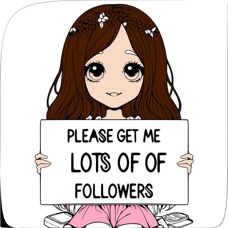 realistic girl holding sign that says please get me lots of followers