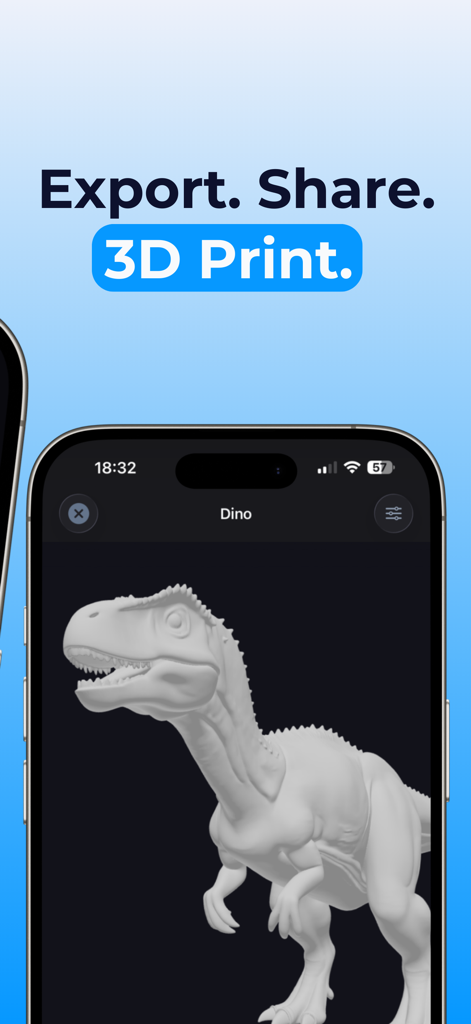 A 3D dinosaur model generated by AI on a smartphone screen with options to export share and 3D print
