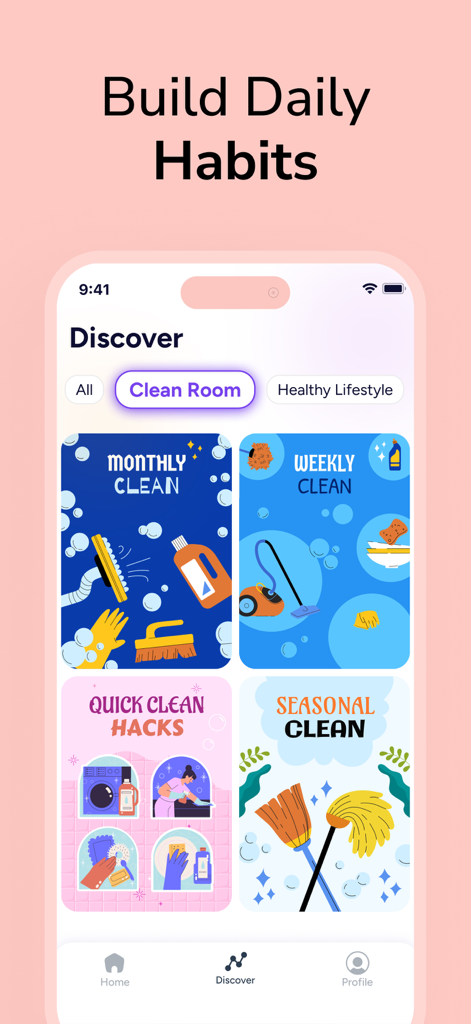 Mindway: Daily Routine Planner - Interface of the Mindway app showing various cleaning habit categories like weekly and seasonal clean