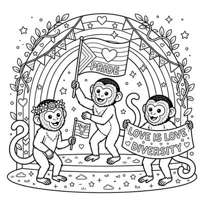 Dive into a heartwarming scene where three delightful capuchin monkeys spread messages of love, diversity, and acceptance during Pride Month. This charming coloring page is perfect for celebrating unity and creativity.