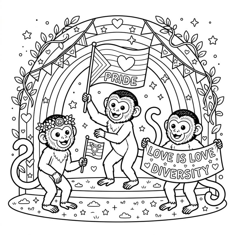 Dive into a heartwarming scene where three delightful capuchin monkeys spread messages of love, diversity, and acceptance during Pride Month. This charming coloring page is perfect for celebrating unity and creativity.