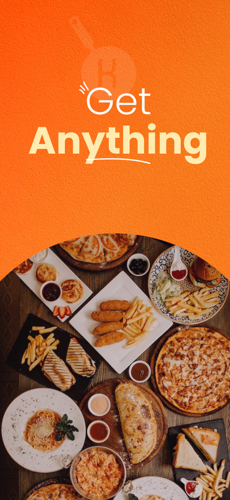 KRAVEN: Food Delivery - Promotional screen for KRAVEN app featuring the text Get Anything above an array of food including pizza, pasta, and fries