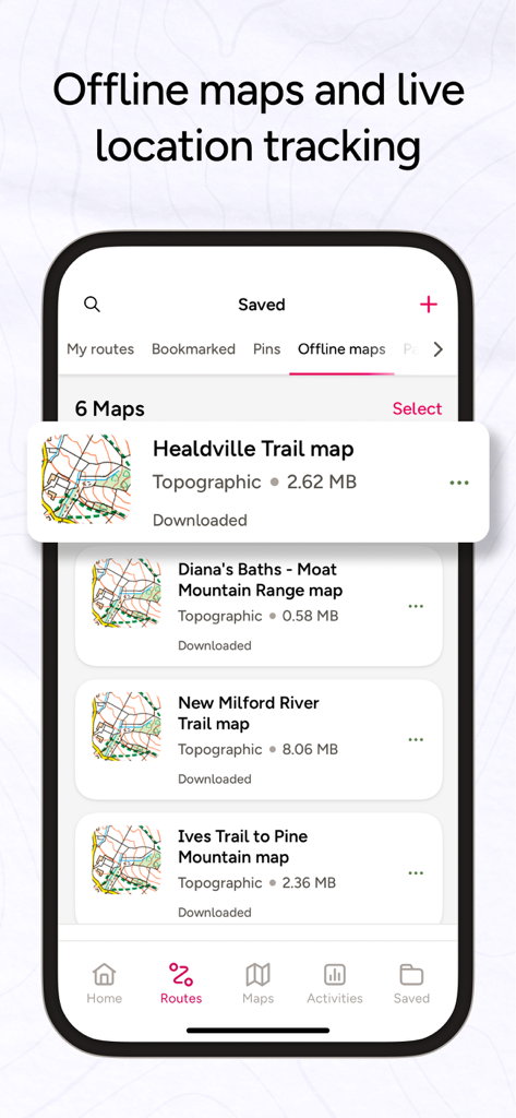 OS Maps: Walk, Hike, Run, Bike - Interfaz de la aplicación móvil OS Maps mostrando una lista de mapas de senderos topográficos sin conexión guardados para senderismo y navegación