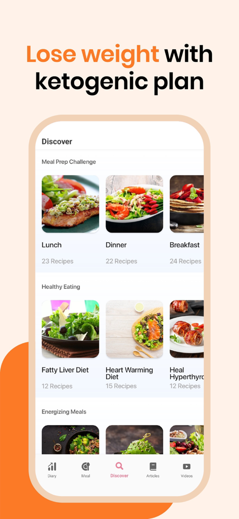 Keto Diet-Carb tracker & meals - Interface de l'application Keto Diet montrant un défi de préparation de repas et des catégories de recettes saines pour la perte de poids