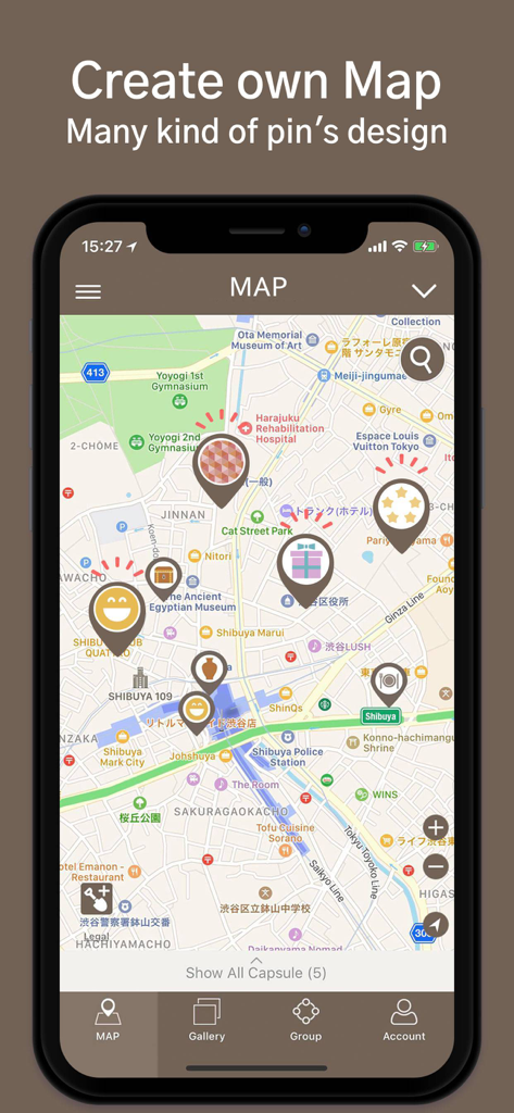 MAP COLLECTION diground - Uma tela de aplicativo móvel mostrando um mapa da cidade com vários pins e cápsulas personalizados.