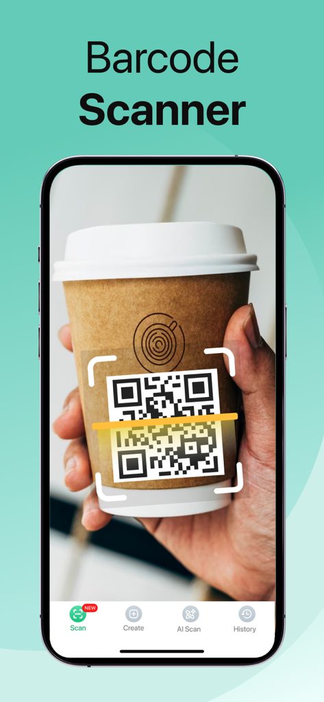 QR Code Master：Barcode Scanner - A smartphone scanning a QR code on a coffee cup sleeve using the QR Code Master app