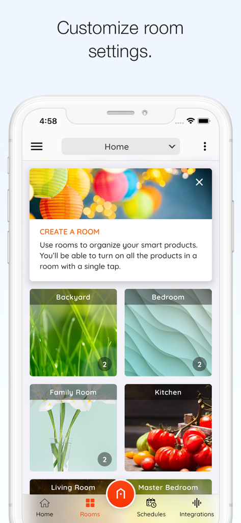 Hubspace - Hubspace app interface showing smart home devices organized by room like backyard and bedroom