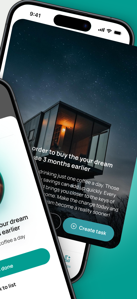 AI Budget Calculator - Aisance - Aisance mobile app interface showing a financial goal to buy a dream house earlier by tracking daily coffee expenses