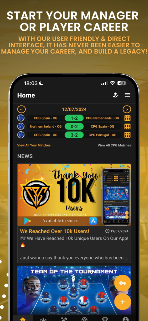 CPG - Competitive Pro Gaming - Mobile app home screen for Competitive Pro Gaming showing match results and news updates