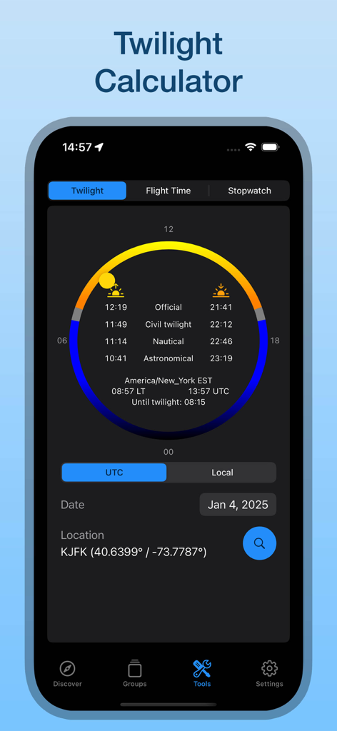 Aviation weather app twilight calculator showing sunrise and sunset times for pilots