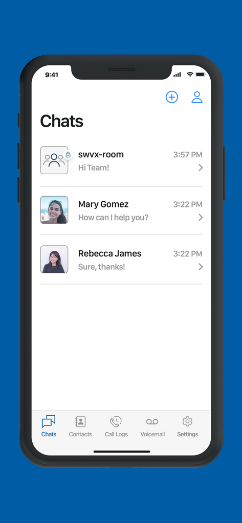 The Sangoma Chat app interface showing a list of active message threads.