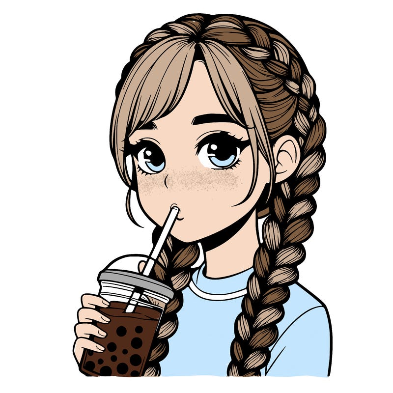 realistic girl with braided hair drinking boba