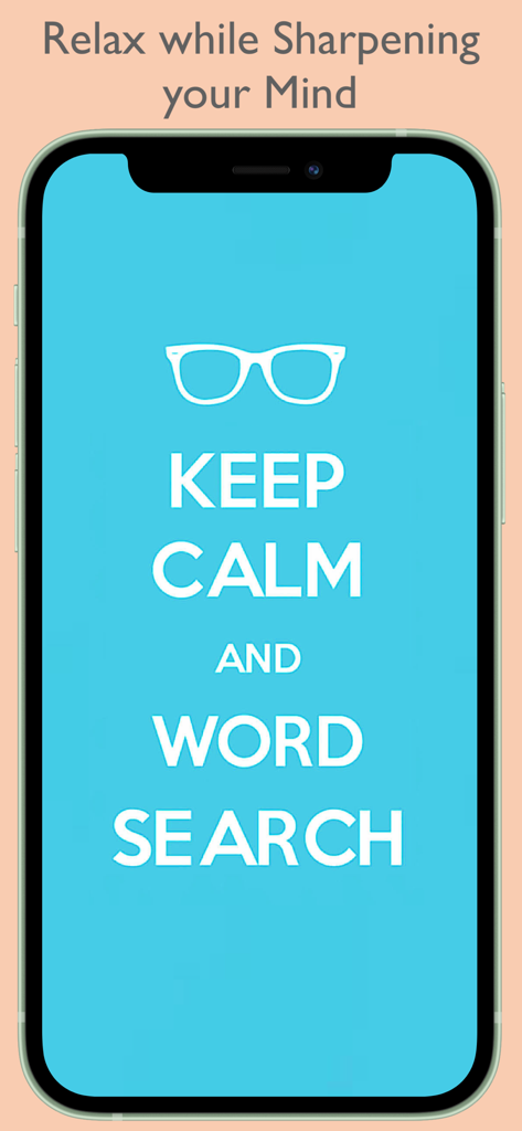 Word Search Puzzle· - Pantalla de introducción de la aplicación Búsqueda de Palabras con el lema Mantente en Calma y Búsqueda de Palabras e icono de gafas