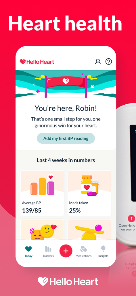 Hello Heart app dashboard displaying heart health metrics including blood pressure and medication adherence
