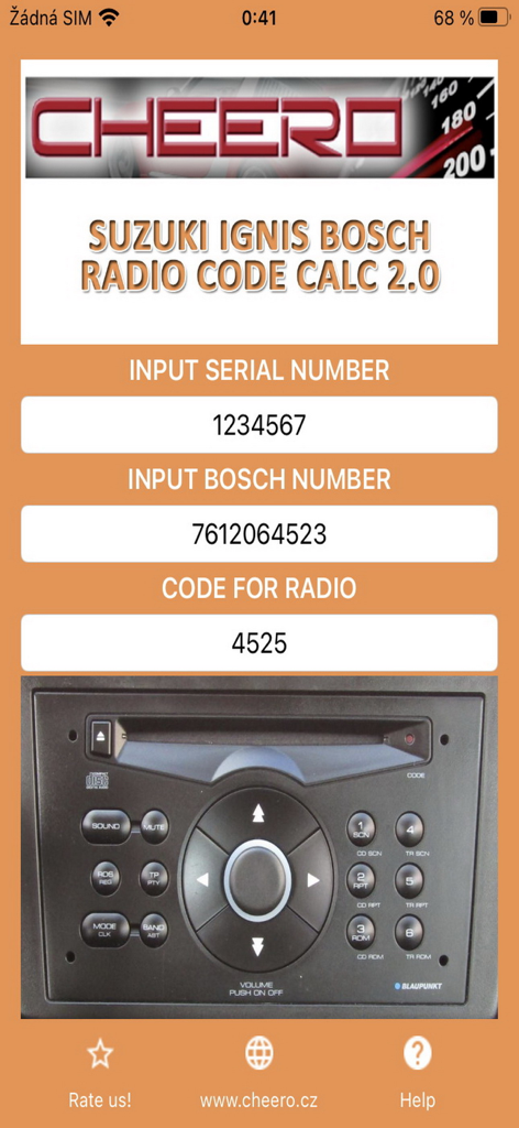 Interface of the Suzuki Ignis Bosch radio code calculator app showing input fields for serial number and generated code