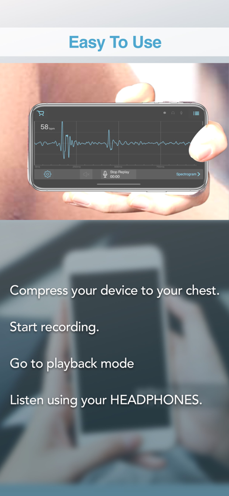 E-Stethoscope & Auscultation - Smartphone showing heart rate waveform and instructions for recording and listening to heartbeat sounds