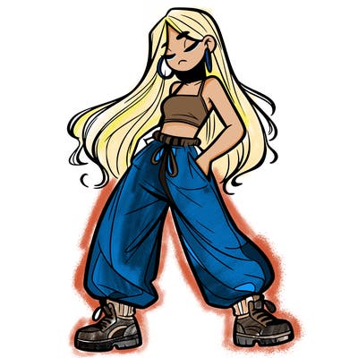 girl in baggy pants crop top and long hair