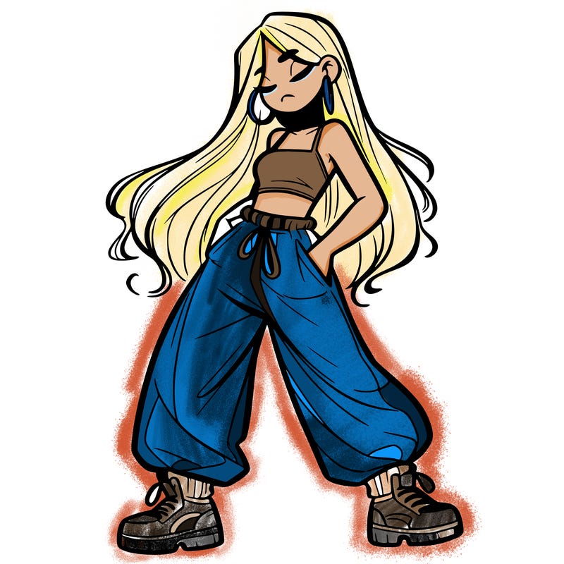 girl in baggy pants crop top and long hair