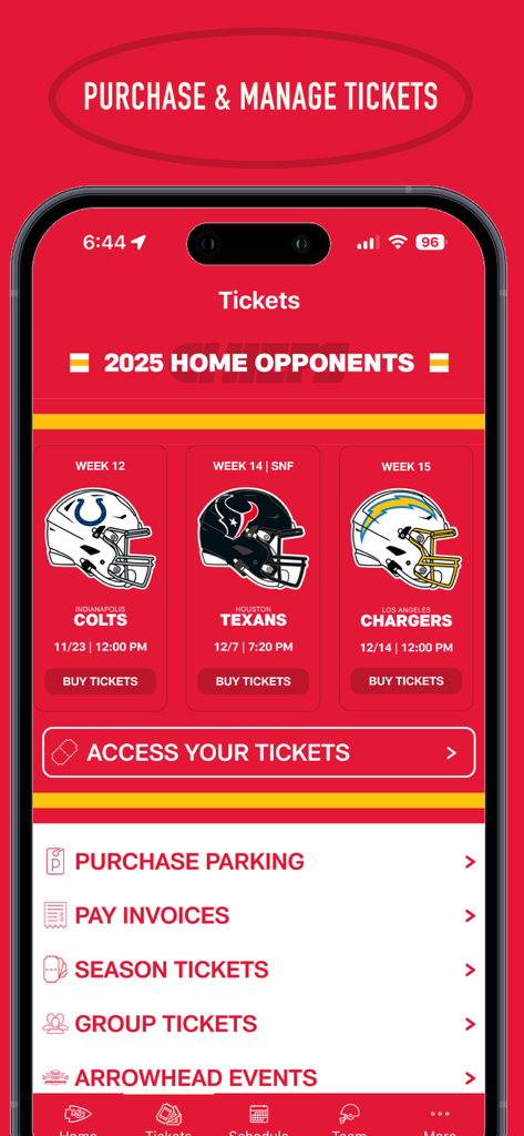 Pantalla de boletos de la aplicación de los Kansas City Chiefs que muestra oponentes locales de 2025 y opciones de gestión de boletos