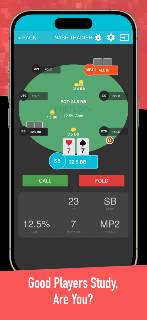 Preflop+ Poker GTO Nash Charts - Preflop Poker Nash Trainer interface showing a poker hand decision drill
