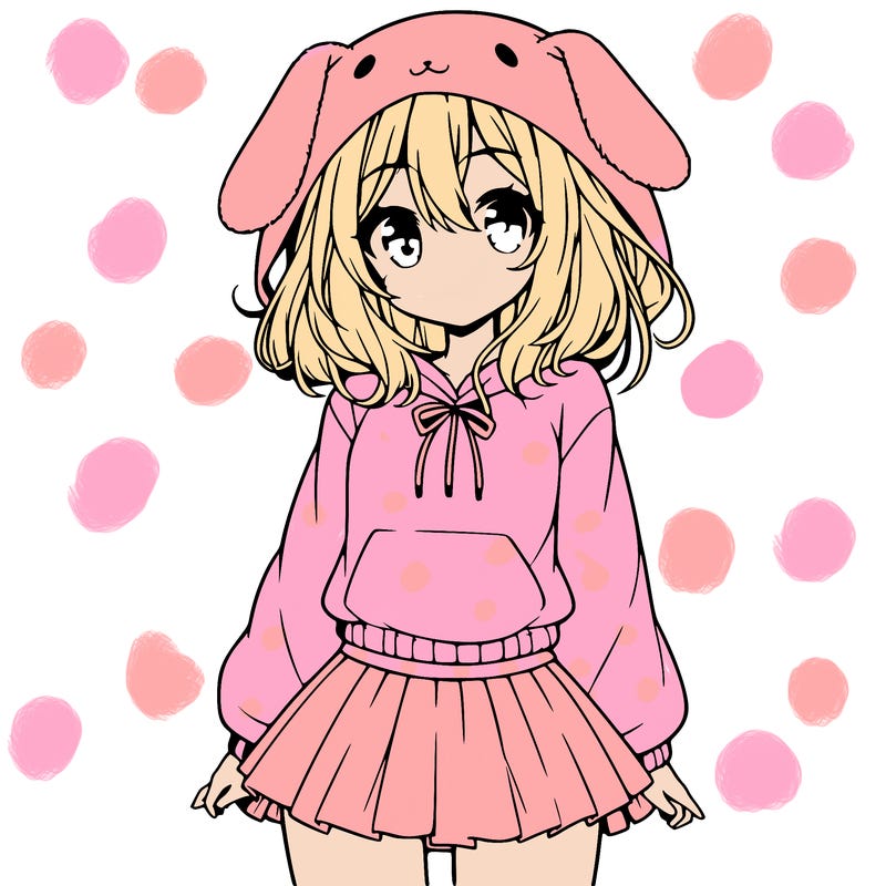 pretty anime girl wearing a fluffy hoodie with bunny ears on the hood and a skirt