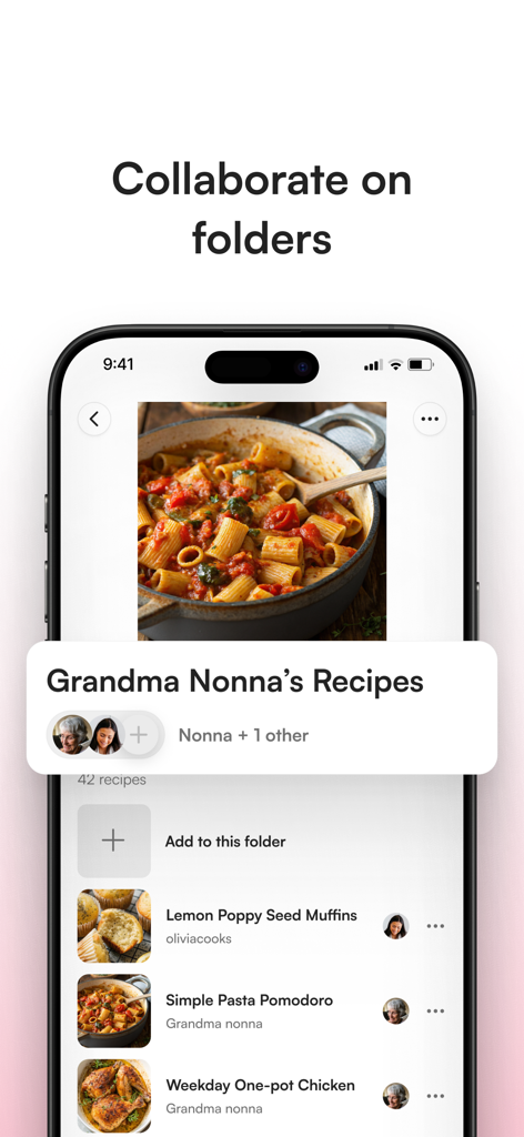 Osta app screenshot showing collaborative recipe folders shared with family