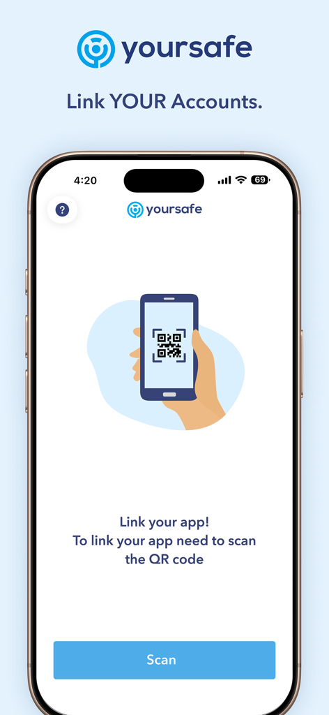 QR 코드 스캔을 통해 계정을 연결하기 위한 Yoursafe 모바일 애플리케이션 인터페이스