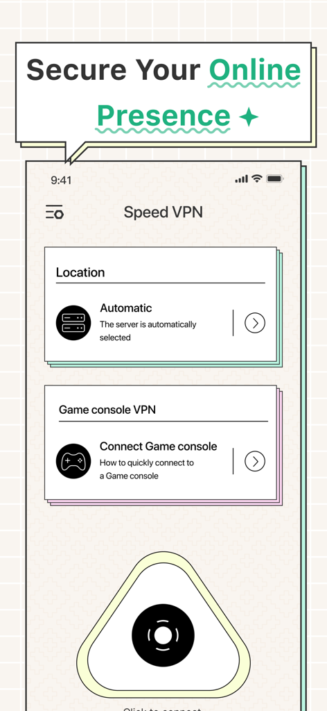 Interface do aplicativo Speed VPN mostrando a opção de conexão do console de jogos e o botão de conexão com um toque.