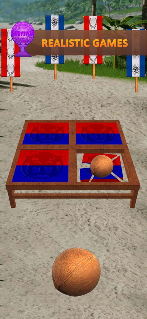 Gameplay of Survivor Duel showing a coconut breaking tiles in a tropical beach environment.
