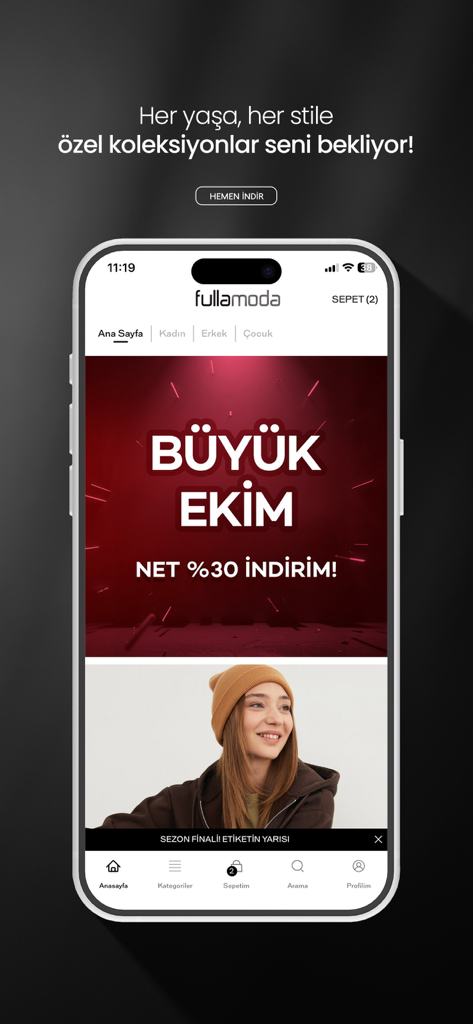 FullaModa - FullaModa mobile shopping app interface showing a 30 percent discount banner for October and women's fashion category