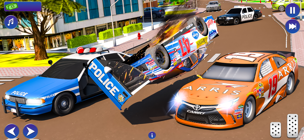 Officer Police Games:Patrol 3D - A 3D police car simulation showing a high speed chase and crash with racing cars in a city setting