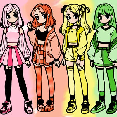 one girl with crop-top shirt and a jacket with a skirt, long socks and another girl with a shirt and pants with a jacket