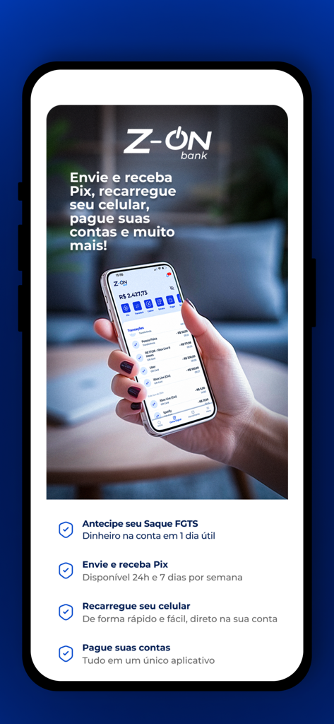 App Clube Condor - Screenshot of Z-ON bank features in App Clube Condor showing Pix transfers and bill payment options