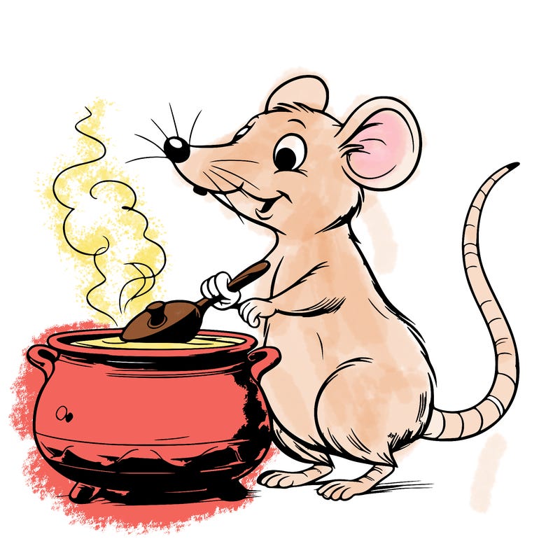 a rat with a long snout and big eyes that cooks with an era while standing on 2 legs realistic