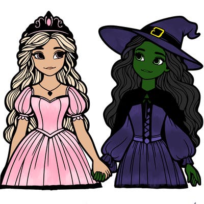 a princess and a witch holding hands realistic