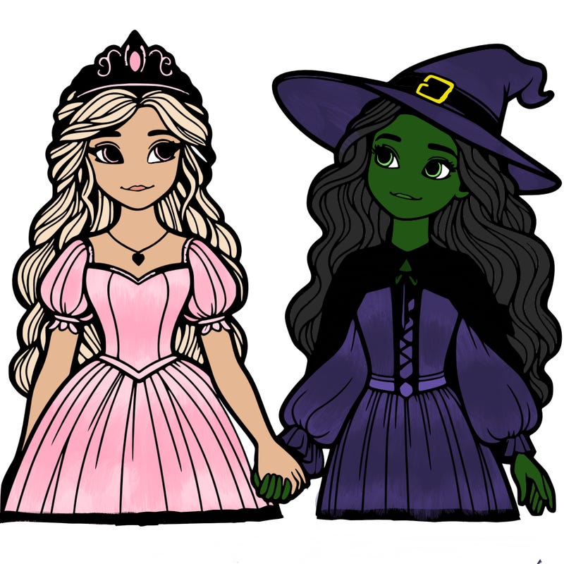 a princess and a witch holding hands realistic