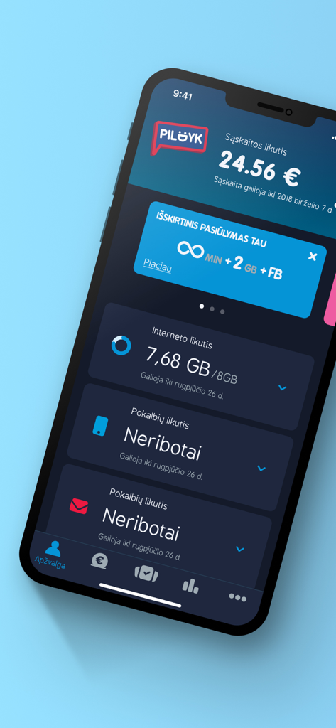 Pildyk mobile app dashboard showing account balance data usage and unlimited calling plans