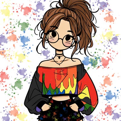 girl with a messy ponytail glasses a baggy crop top and jean shorts