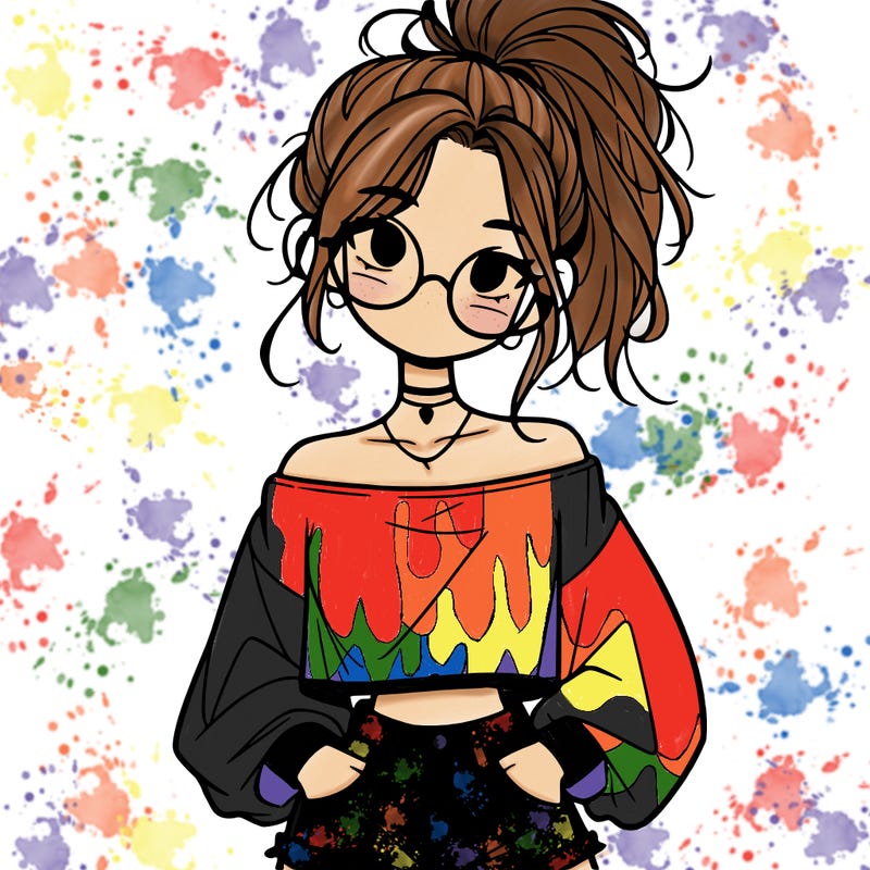 girl with a messy ponytail glasses a baggy crop top and jean shorts