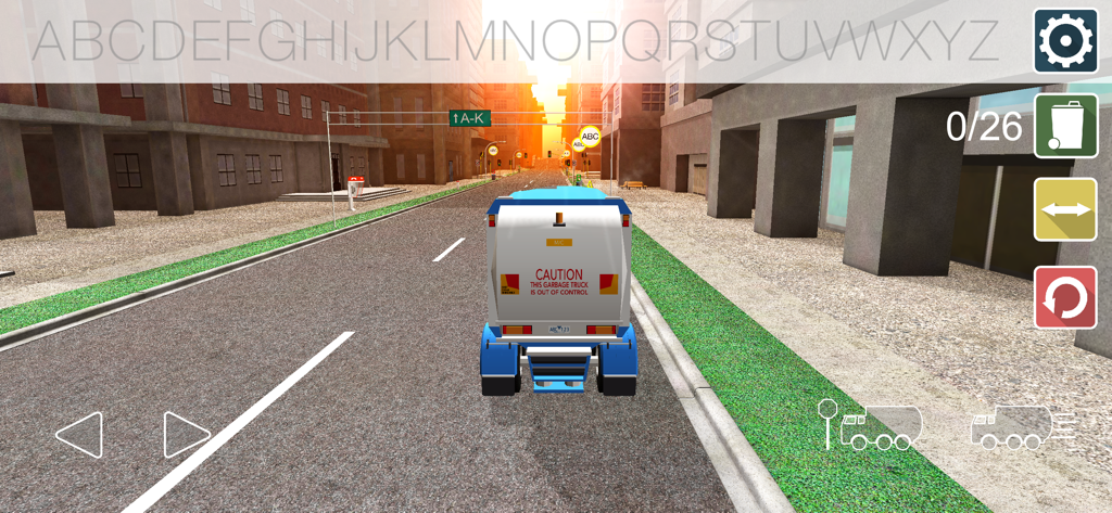 Gameplay screen of ABC Discovery showing a garbage truck on a city street with an alphabet tracker at the top.