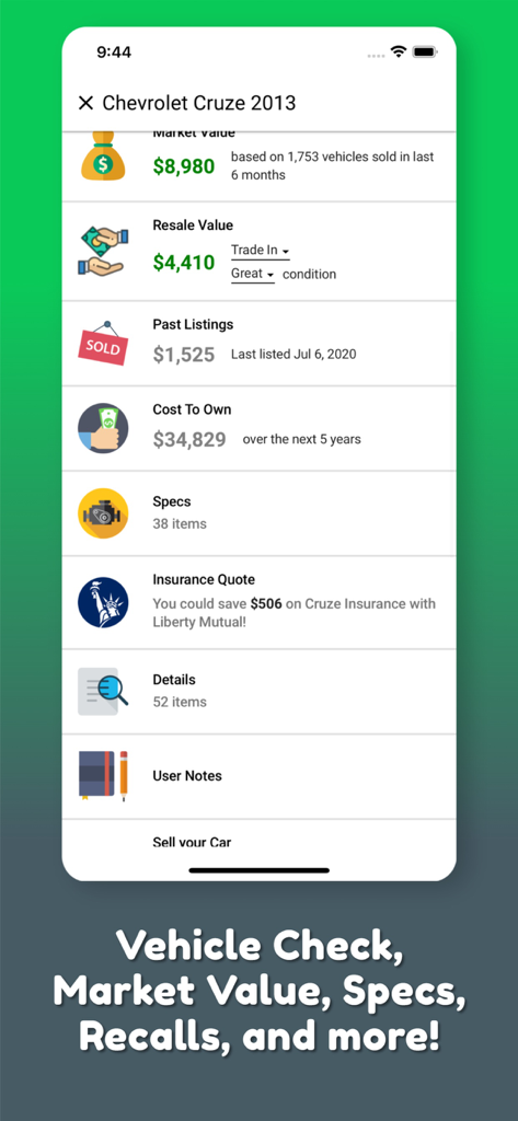 Interfaccia dell'app che mostra il valore di mercato dell'auto usata e i dati di rivendita
