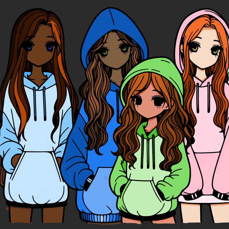 4 girls, one with long straight hair, one with long wavy hair, one with short curly hair, one with short straight hair, all wearing oversized hoodies